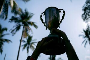 Silhouetted hands raise a trophy against a tropical palm tree backdrop, symbolizing victory.
